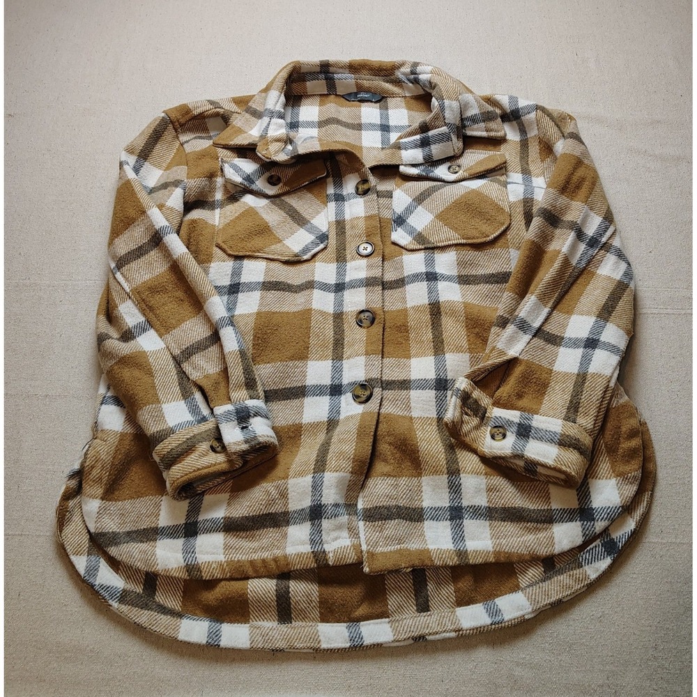 Plaid Flannel Shacket Mustard Yellow White Grey Button Up‎ Shirt Jacket Large